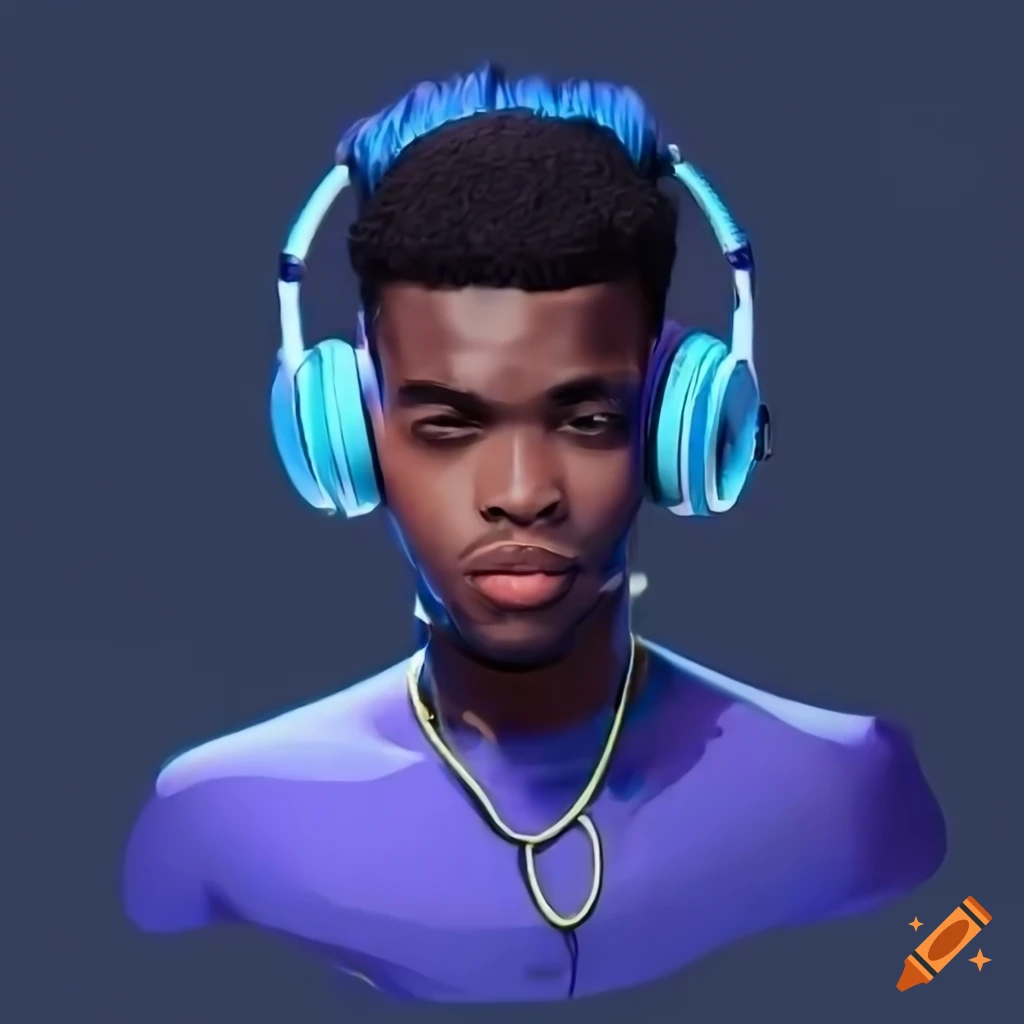 Portrait of blueryai, a black male streamer with blue headphones on Craiyon
