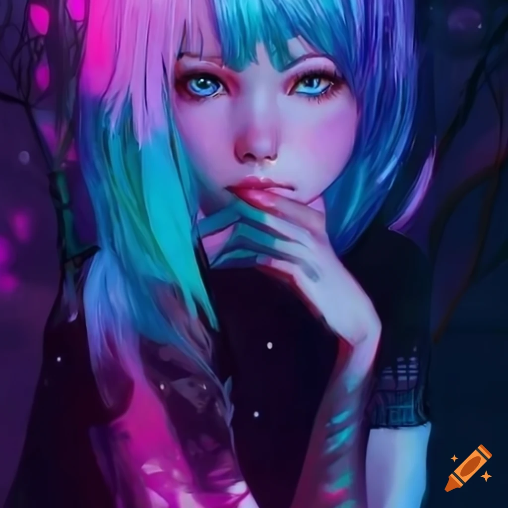 Realistic cyberpunk artwork of a futuristic girl with pink and blue ...