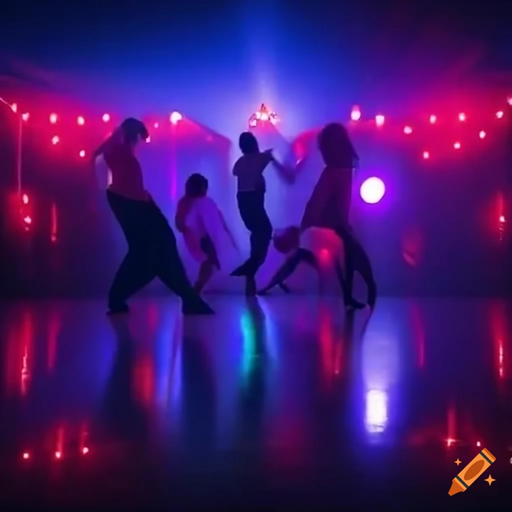 Dynamic dancefloor with red lights and people dancing on Craiyon