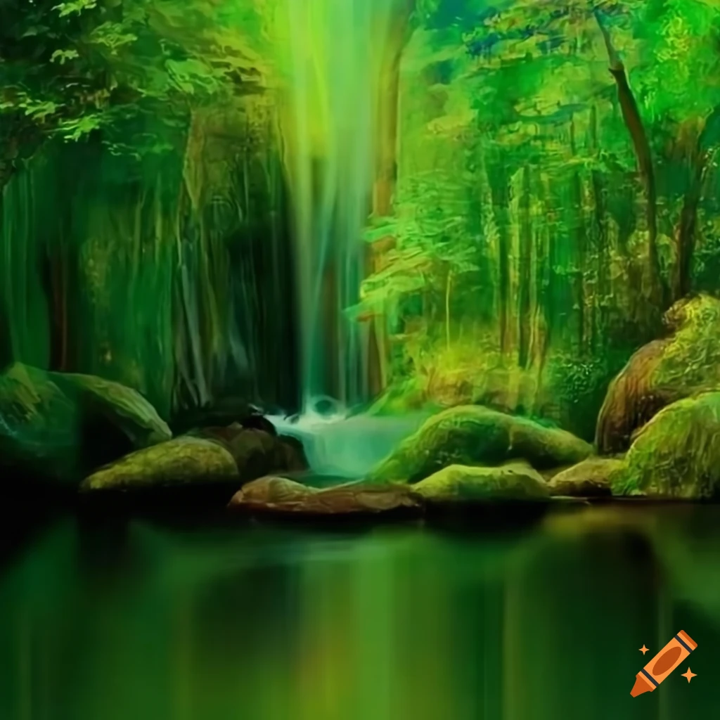 Manet-inspired green waterfall painting