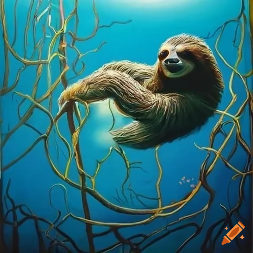 Underwater painting featuring a tree sloth