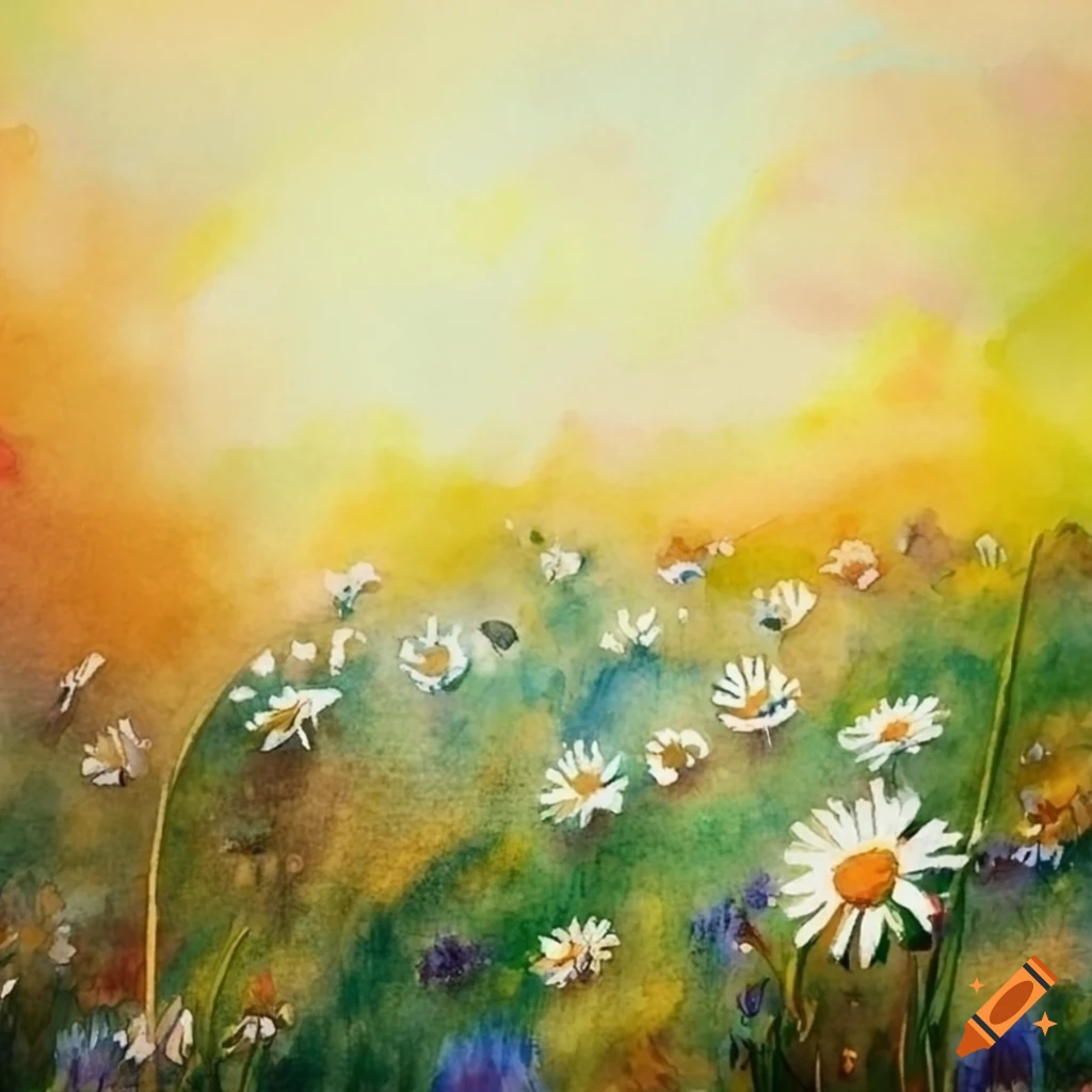 Watercolor painting of daisies and cornflowers in a field on Craiyon
