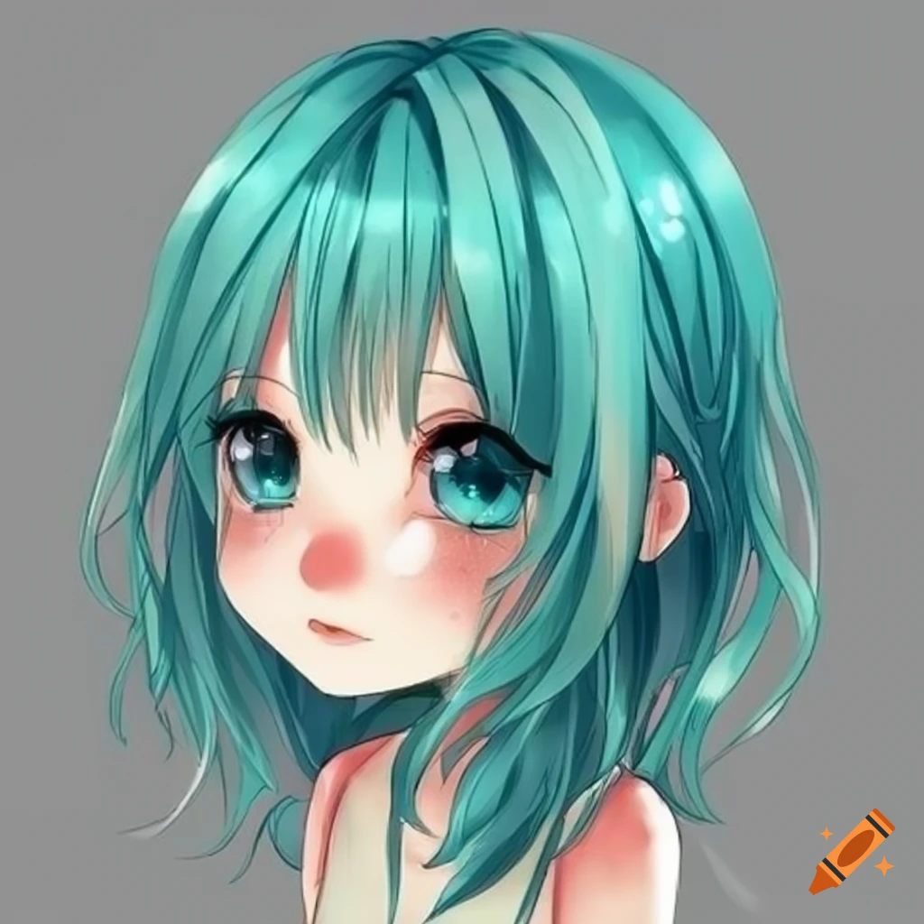 Anime girl, curly hair, blue themed clothes, cute, kawaii, clean lines in  drawing, brown eyes