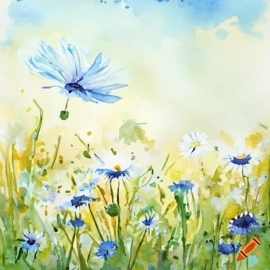 Watercolor painting of daisies and cornflowers in a field