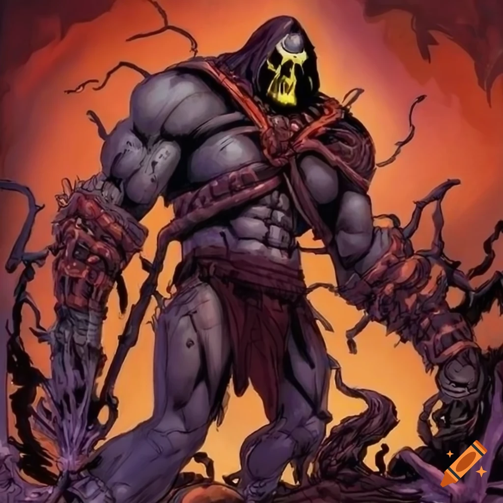 Hybrid Skeletor arachnid illustration in Simon Bisley style