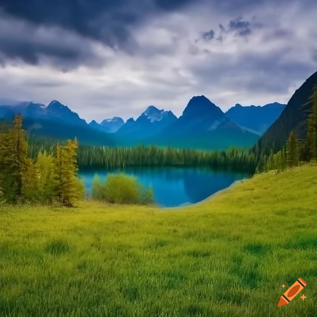 photograph of a peaceful grassland with mountains and lake