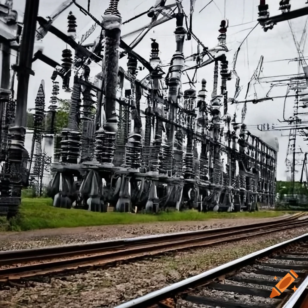Power substation near railroad tracks on Craiyon