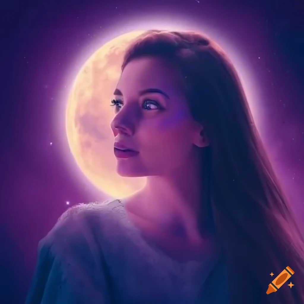 woman gazing at starry sky with full moon