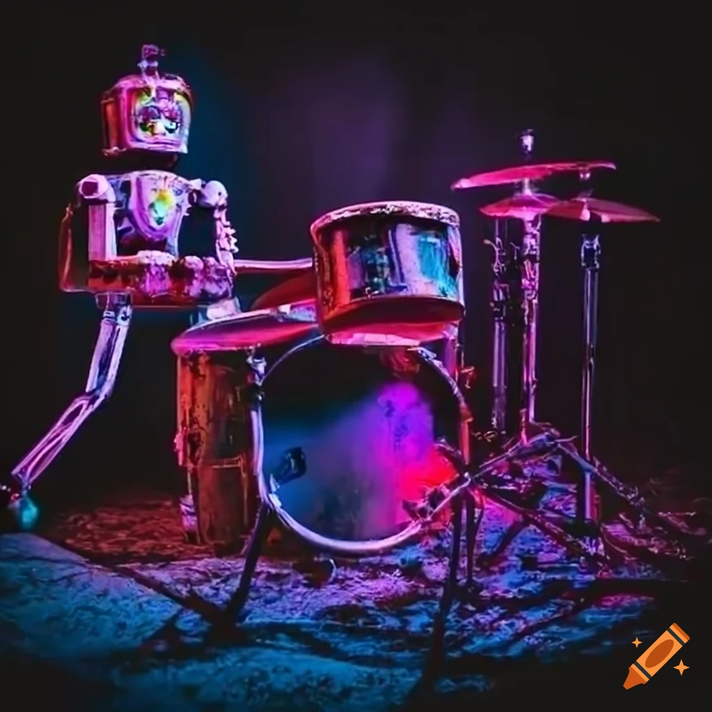 Neon rusty robot playing drums on Craiyon