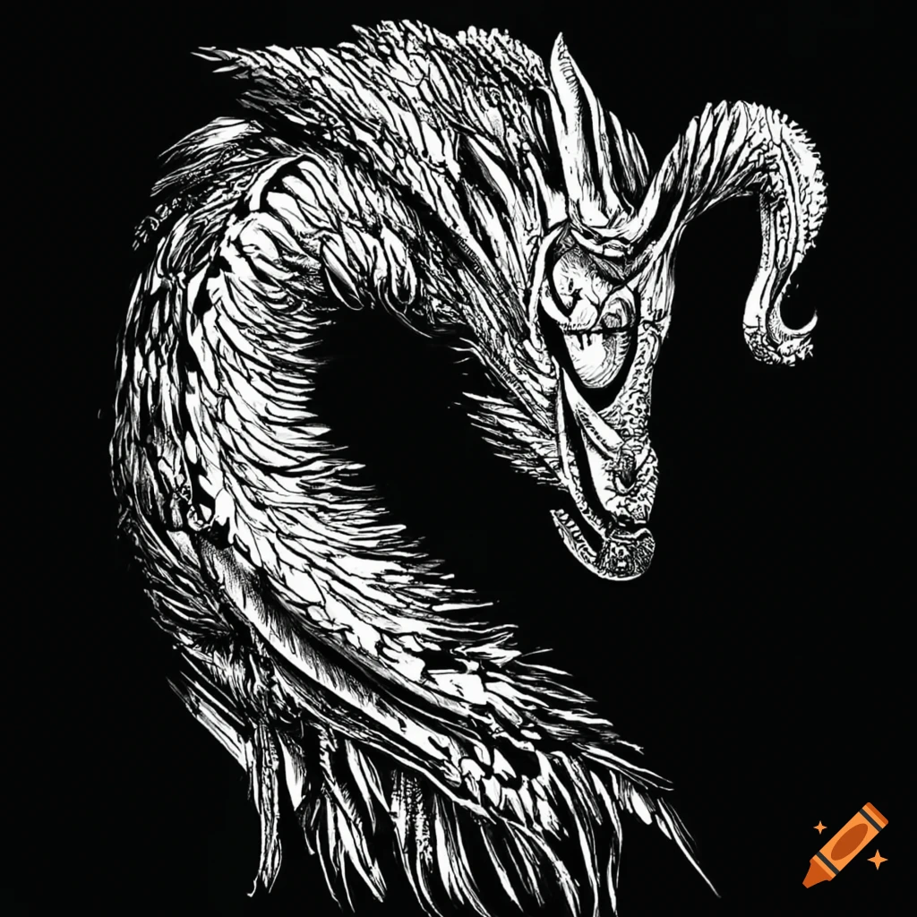 black and white drawing of a mythical creature
