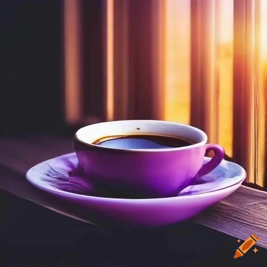 purple cup of coffee at sunrise by a window
