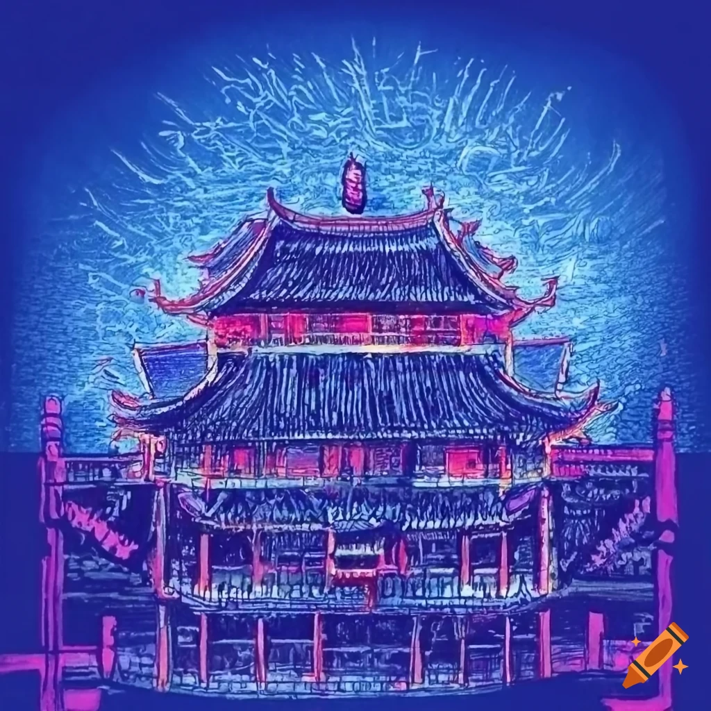Vibrant illustration of a chinese palace at night on Craiyon