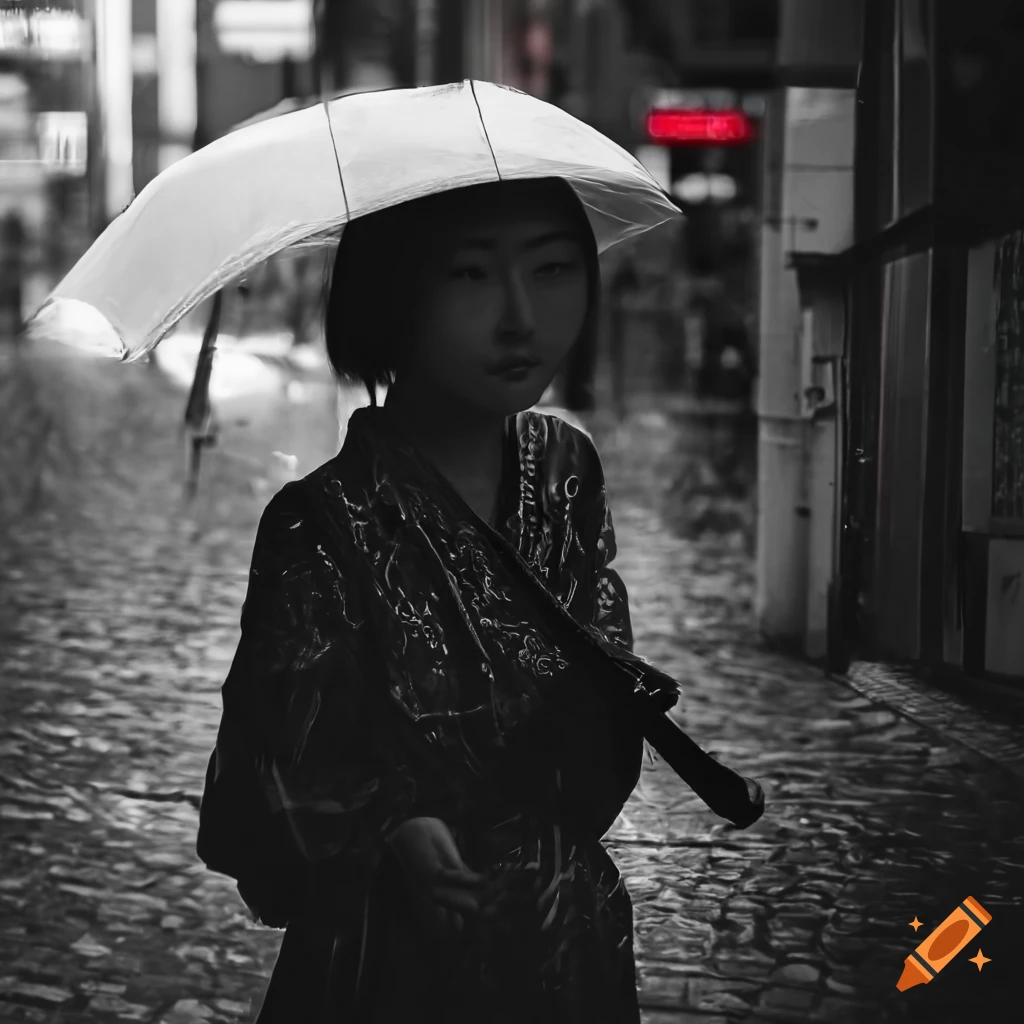 dramatic photo of a woman in Tokyo holding an umbrella