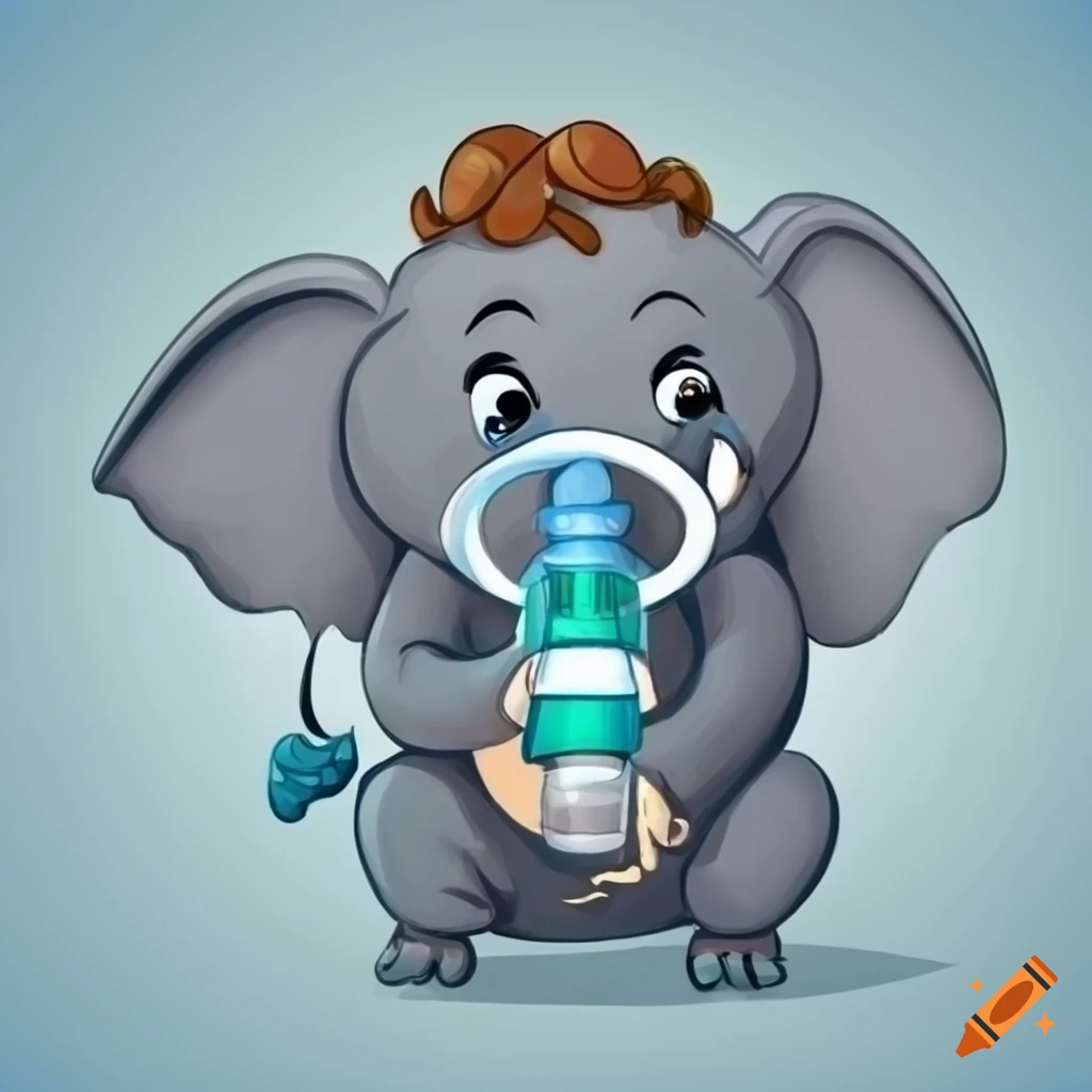 Cartoon illustration of a small elephant with oxygen mask on Craiyon