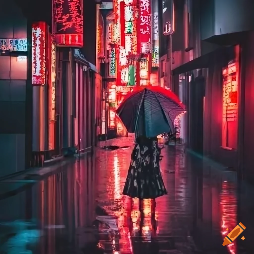 Dramatic photo of a tokyo street in the rain on Craiyon