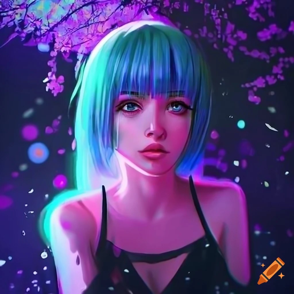 Realistic artwork of a futuristic cyberpunk girl with pastel hair on ...