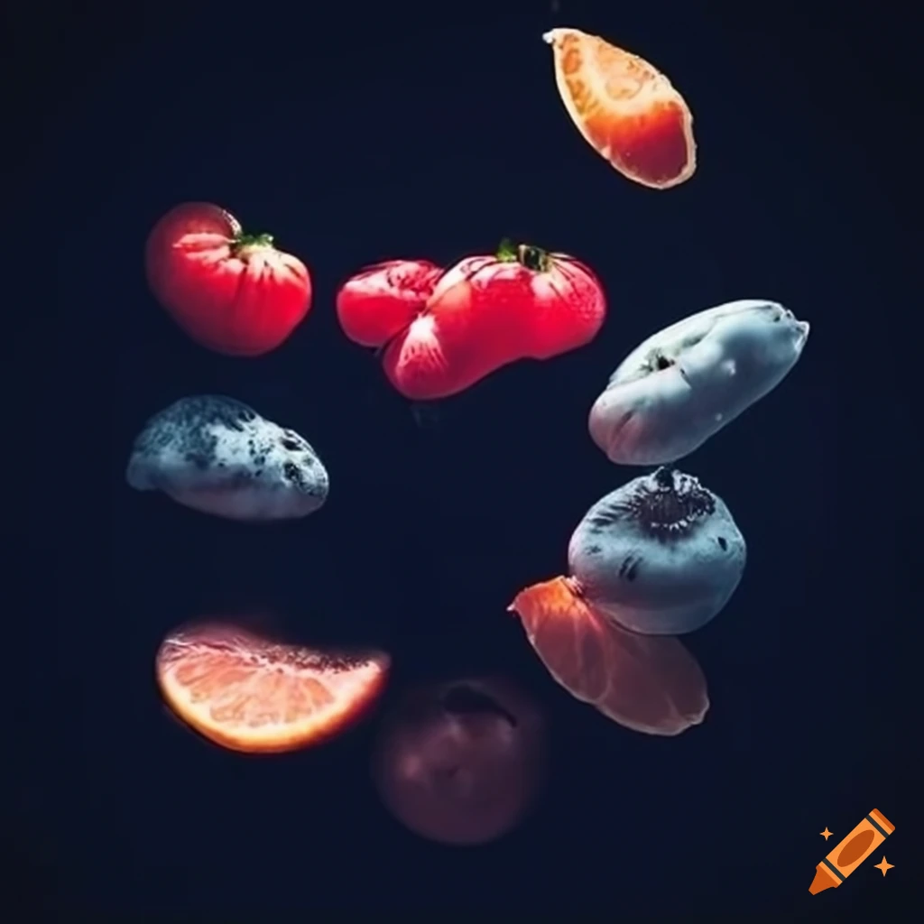 Dark image of floating fruits in the night