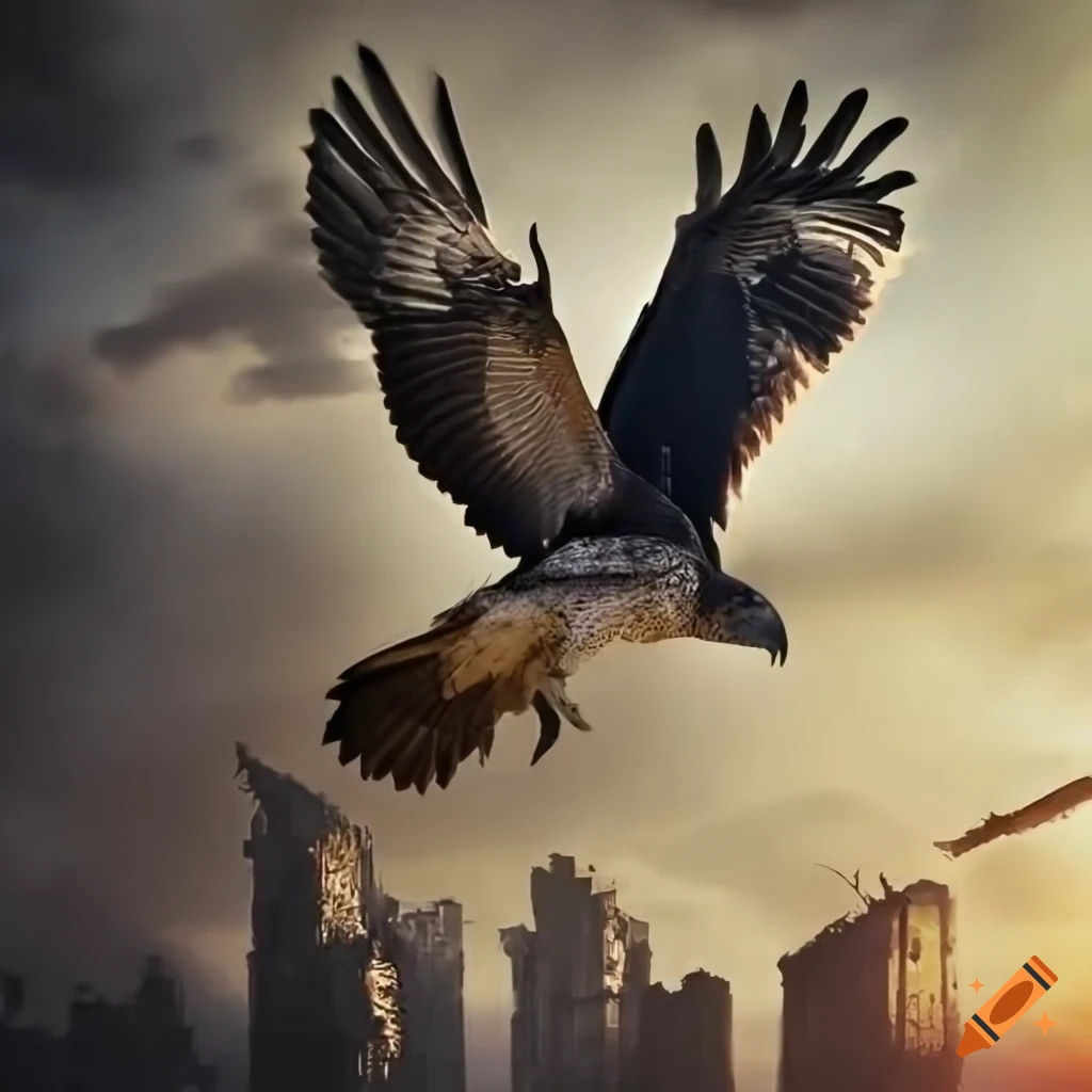Harpy eagle flying over a destroyed city on Craiyon
