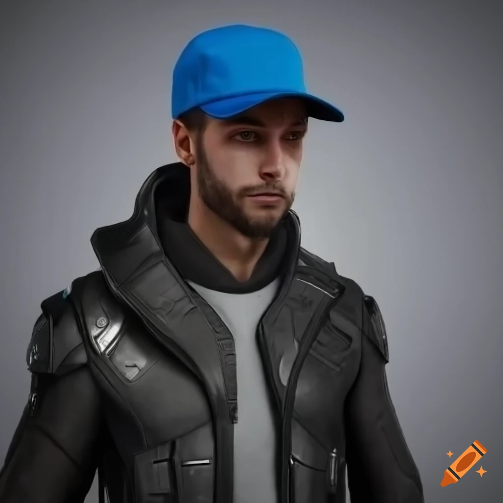 portrait of a sci-fi man with black jacket and blue baseball cap