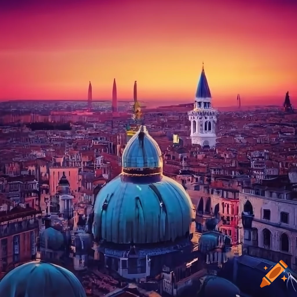 Isometric view of Venice and Paris merged, with beautiful sunset sky on ...