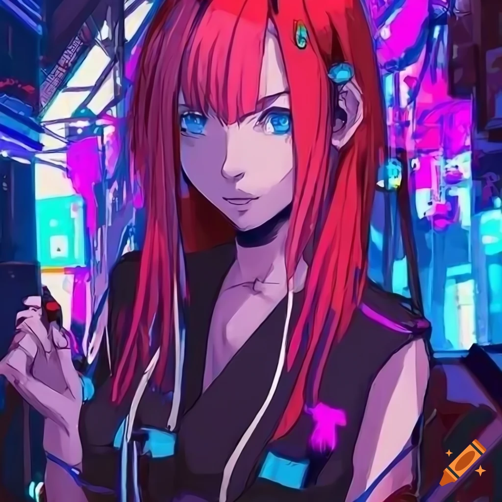 Cyberpunk anime girl with glowing eyes, dark orange, black, dark teal, pale  orange, teal