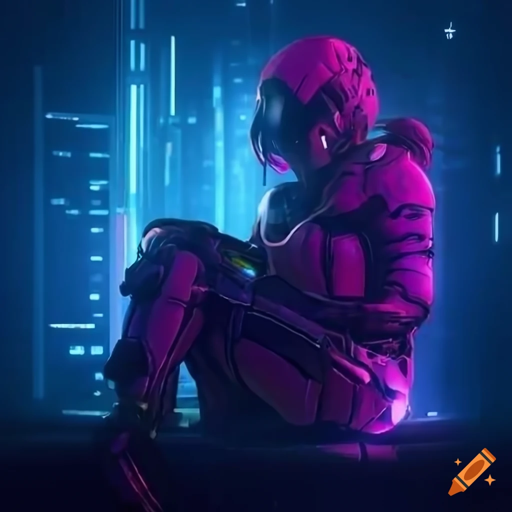 Lonely Cyberpunk Purple Robot 4k