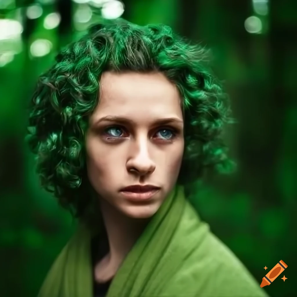 Green skinned forest spirit child with curly green hair on craiyon