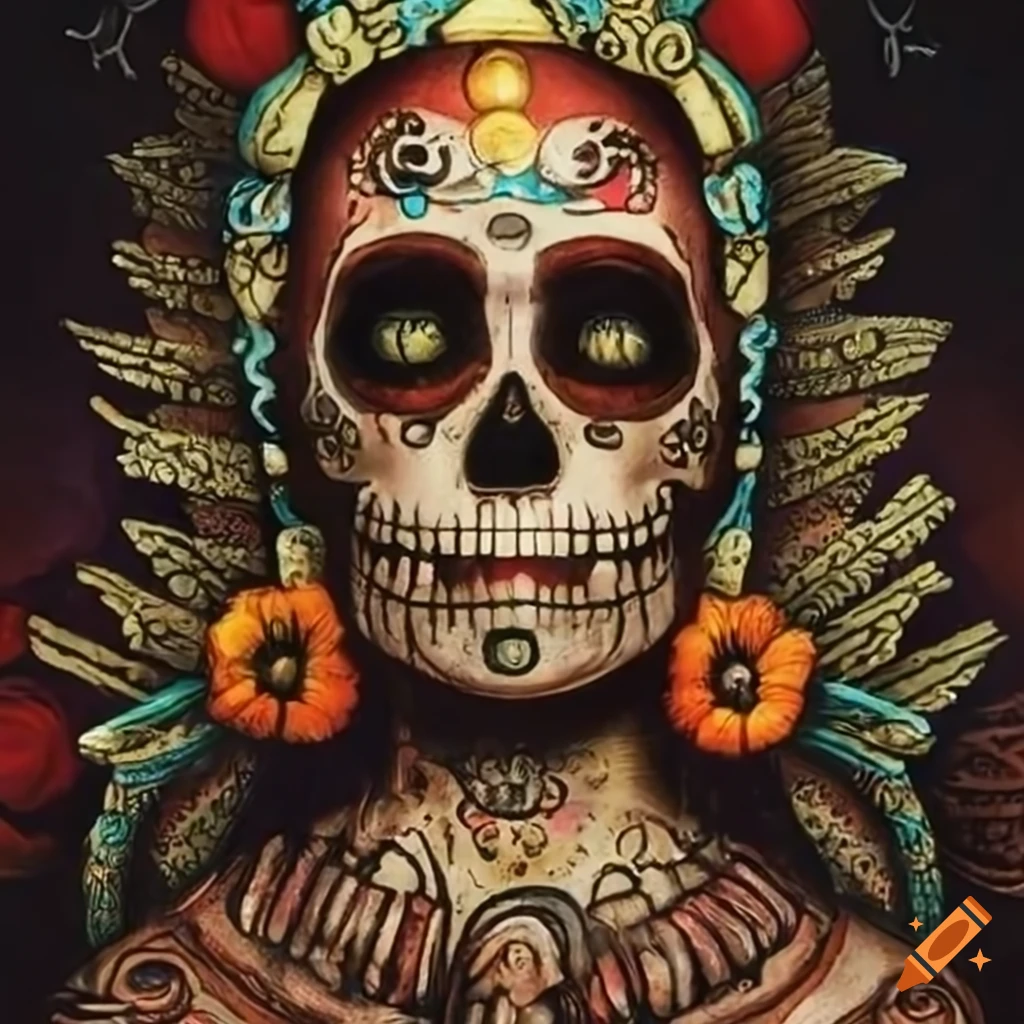 Santa Muerte with ancient Aztec symbolism