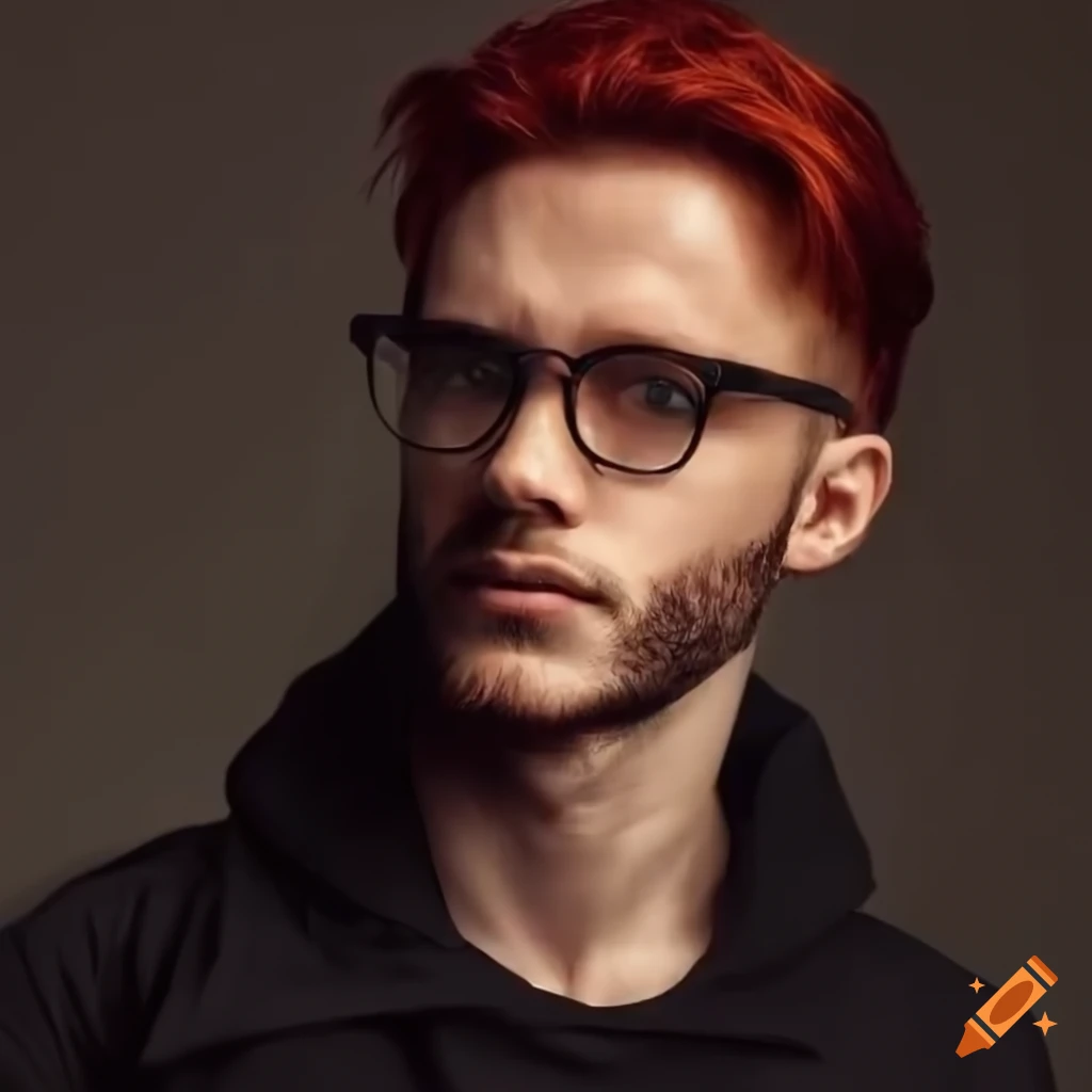 stylish young man with dark red hair and glasses