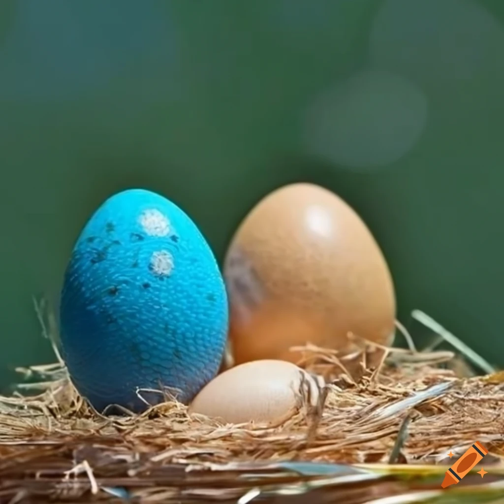 straw nest with blue eggs and lizards basking in sunlight