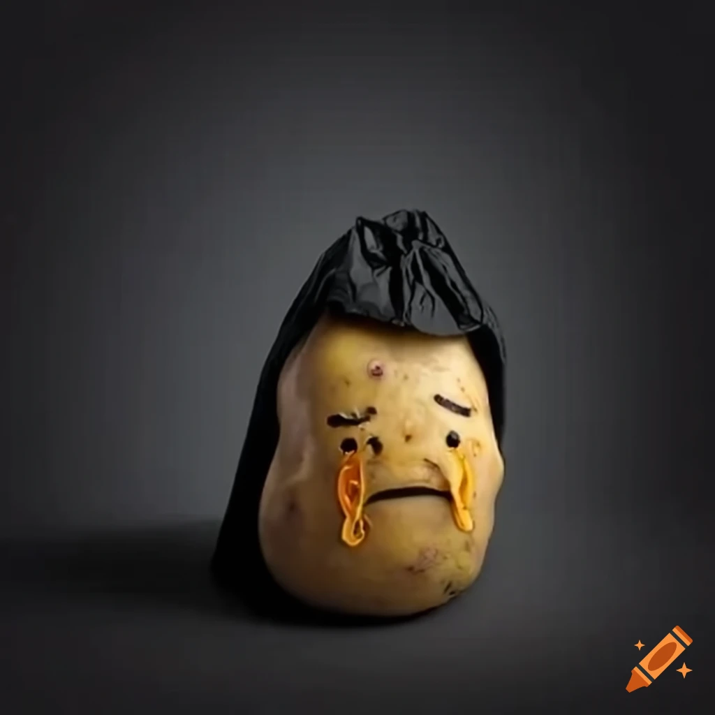 conceptual image of a crying potato in a trashcan