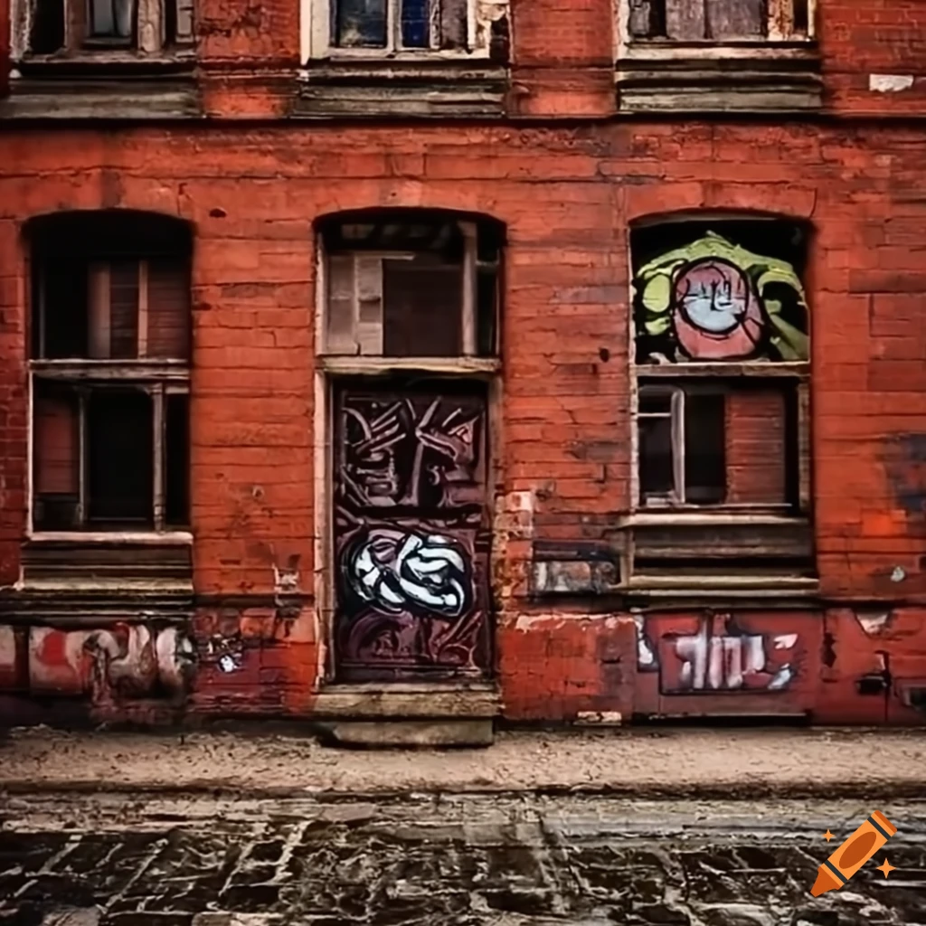 graffiti on old red brick buildings