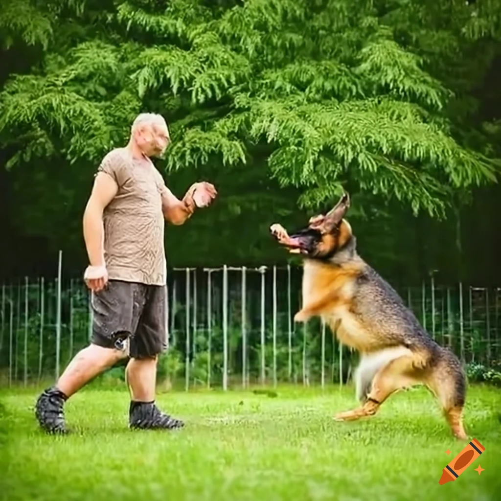 Man with german shepherd herding animals in a fenced yard on Craiyon