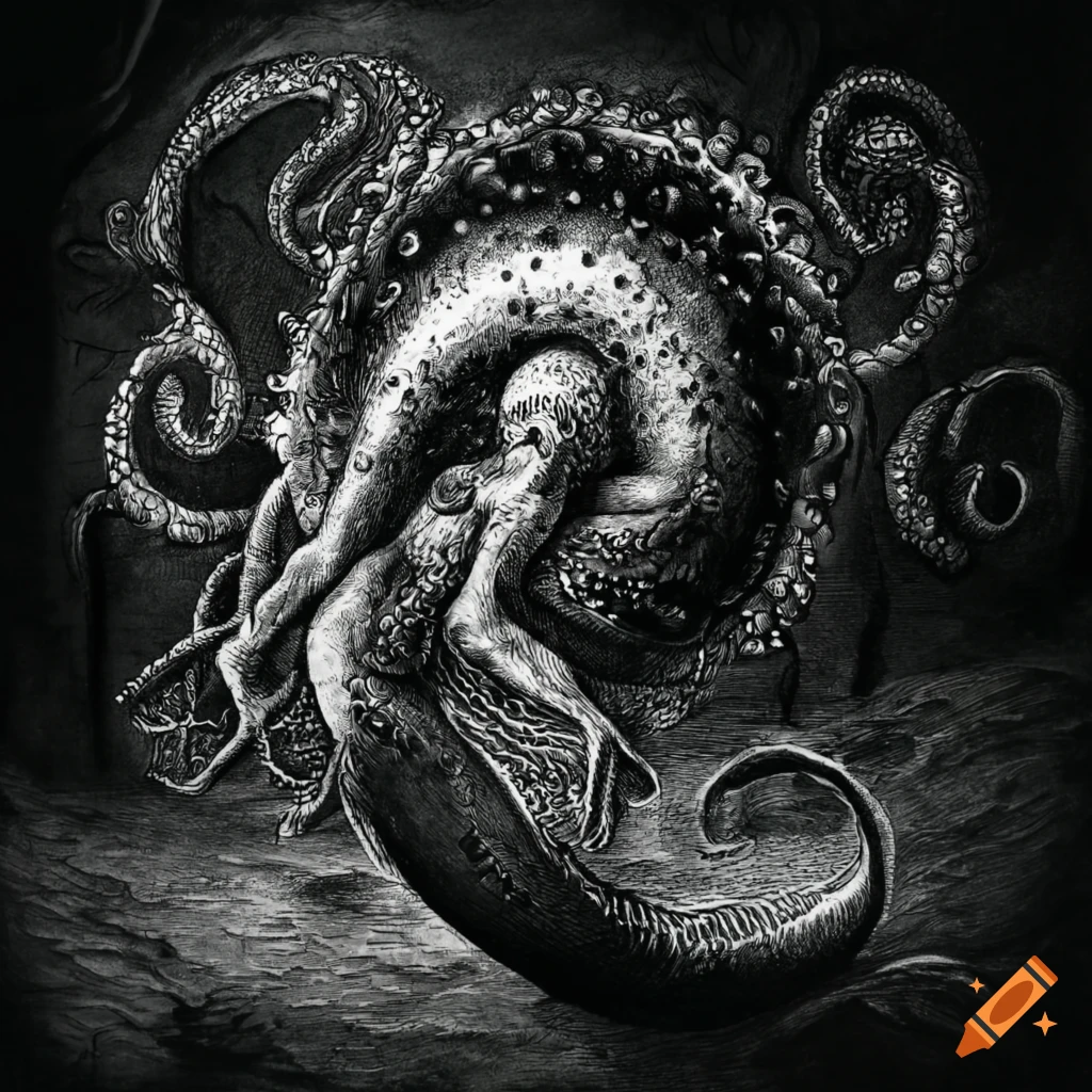 black and white etching of a Lovecraftian merman