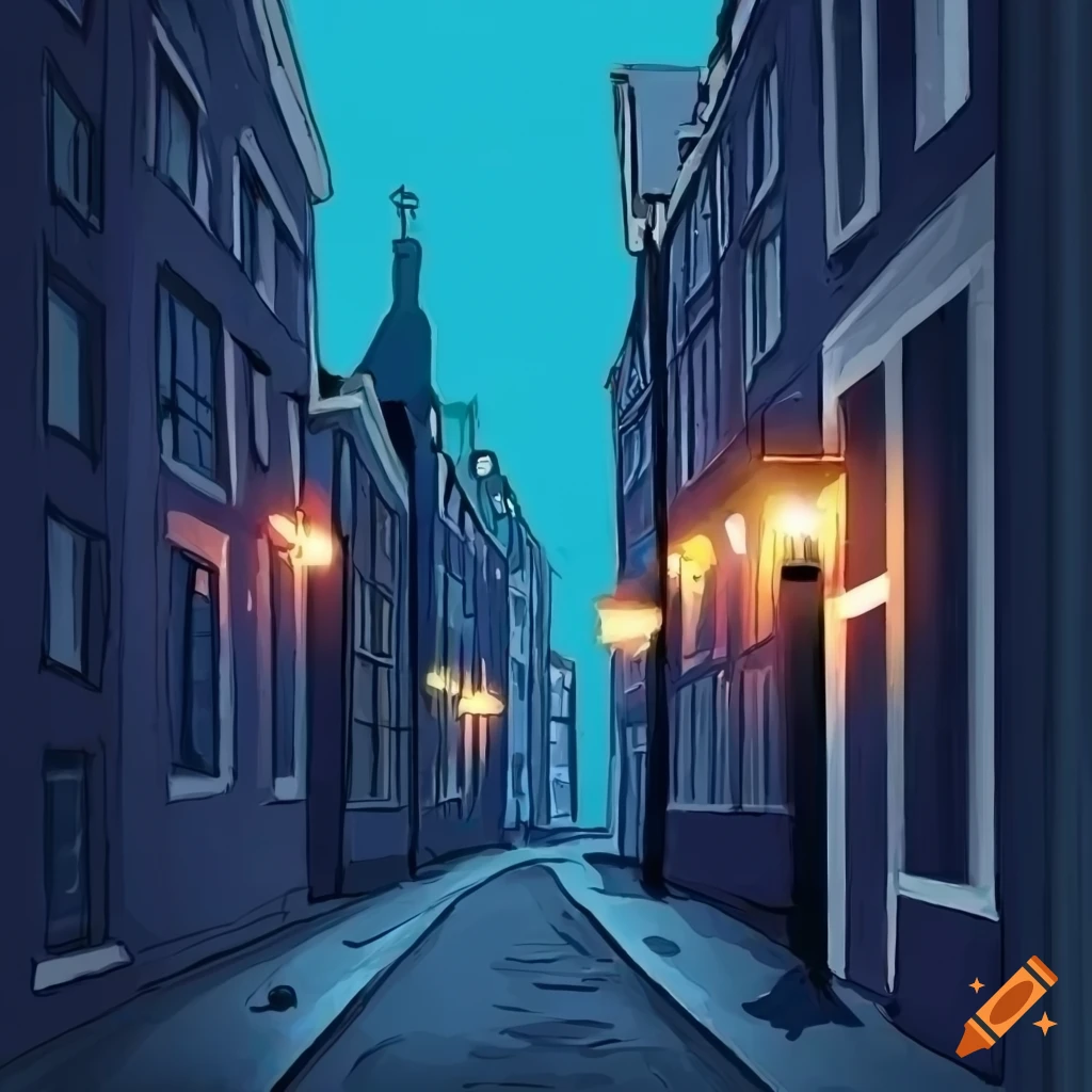 Cartoon drawing of a dark alley in amsterdam on Craiyon