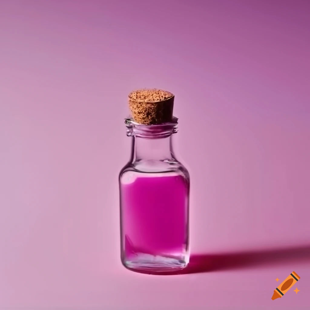 Clear glass bottle with pink powder on white background on Craiyon
