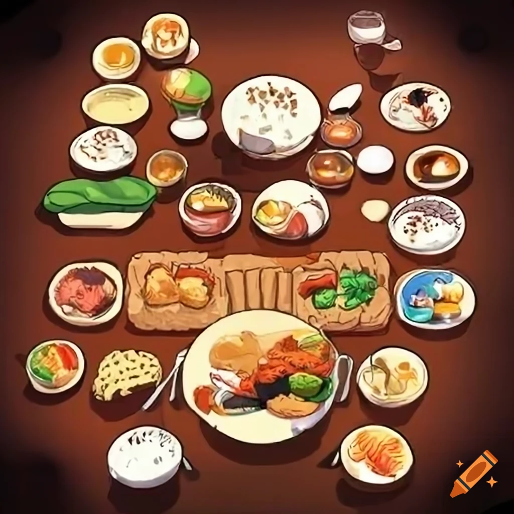 Animeinspired feast on a large table on Craiyon