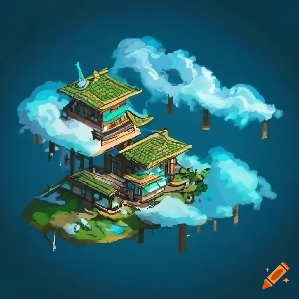 Isometric view of a floating cloud village in a fantasy rpg game