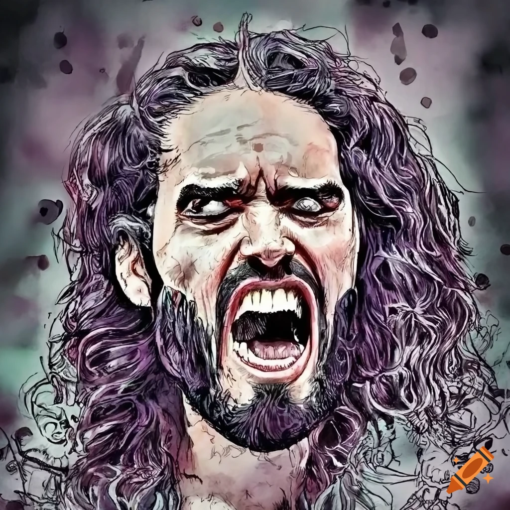 Black and white drawing of an angry russell brand on Craiyon