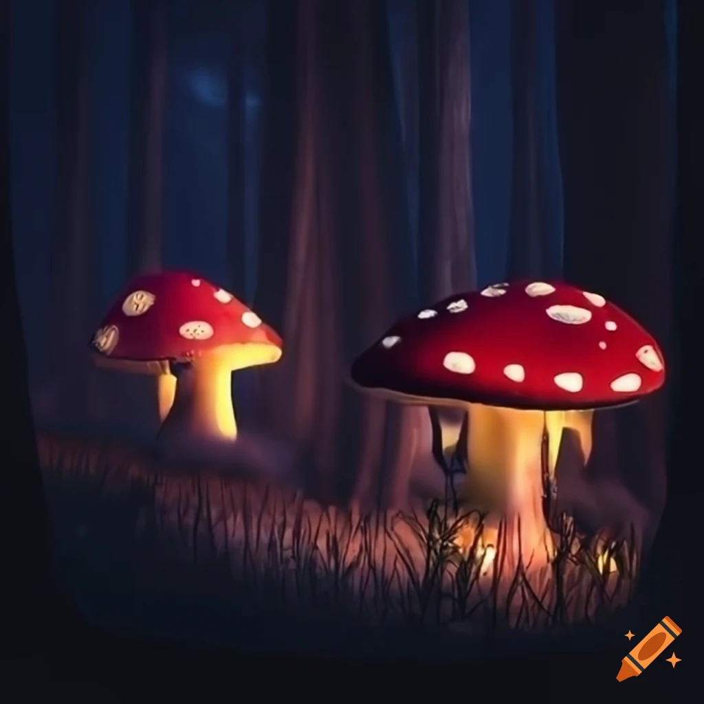 nighttime photo of a mushroom forest