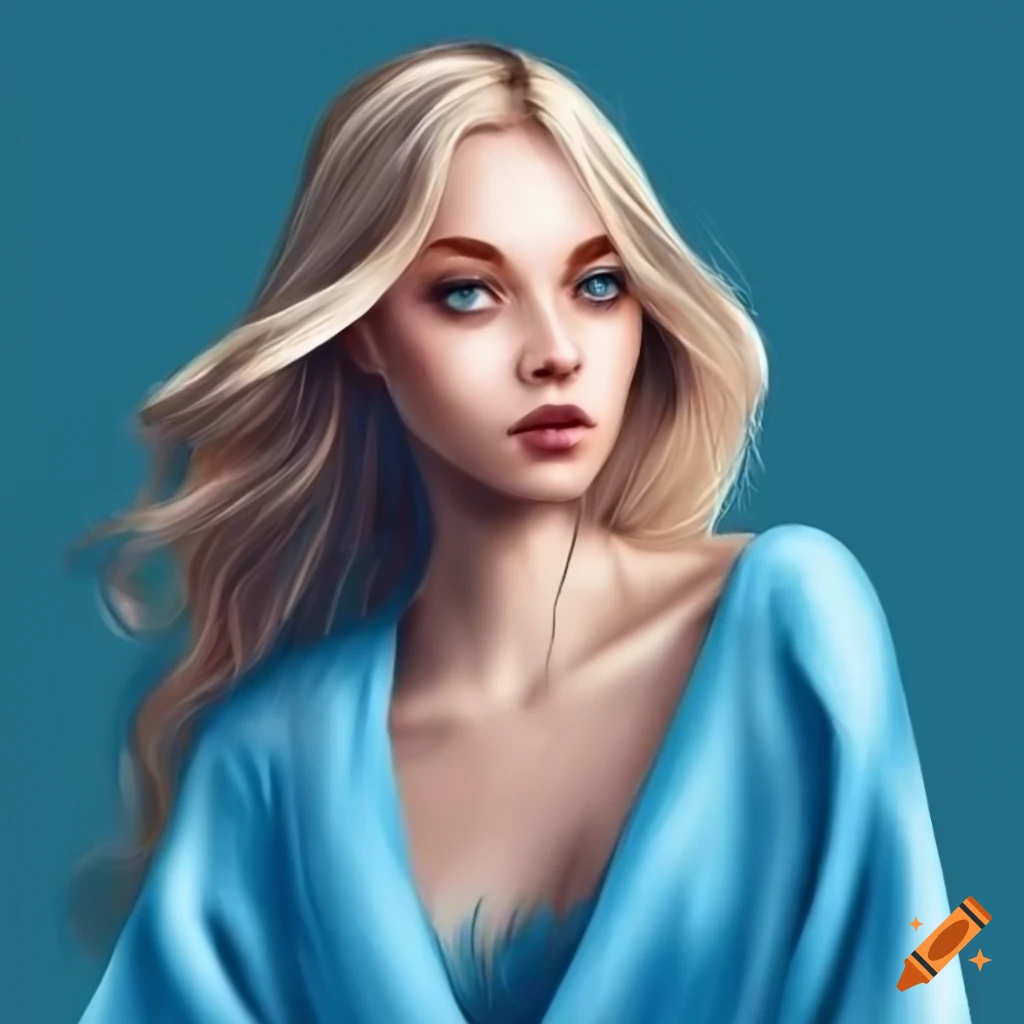 portrait of a woman with long blonde hair wearing a blue robe