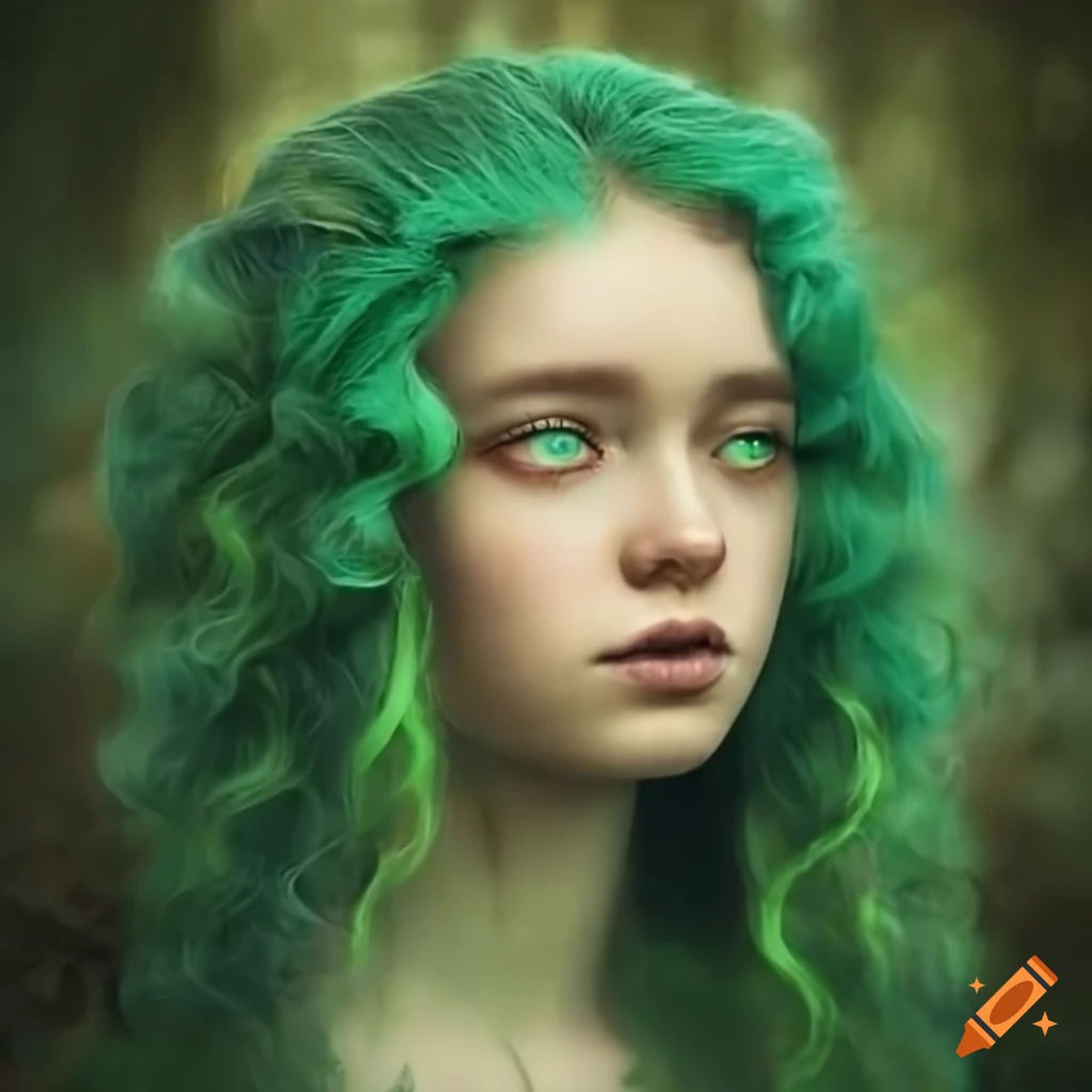 Portrait Of A Young Forest Spirit Woman With Green Skin And Hair On Craiyon