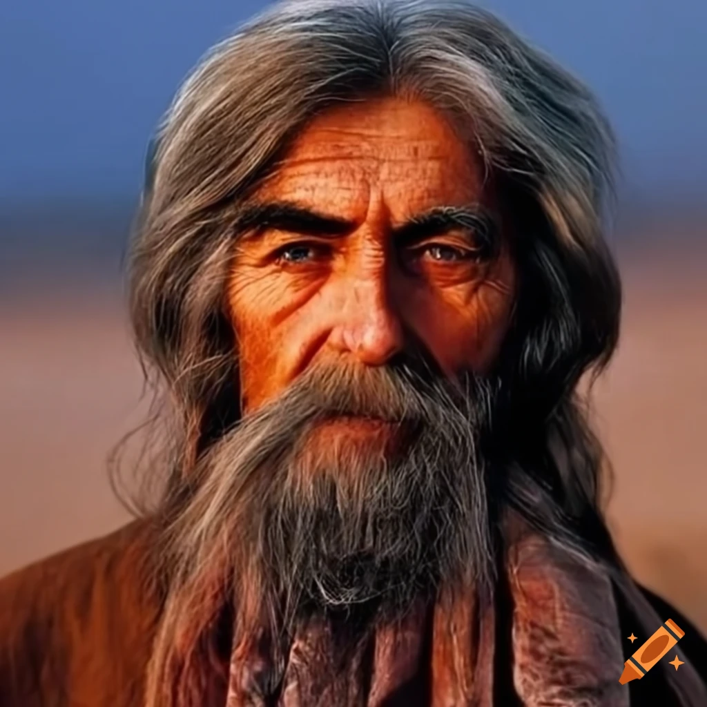 photo-realistic portrait of George Harrison in the desert