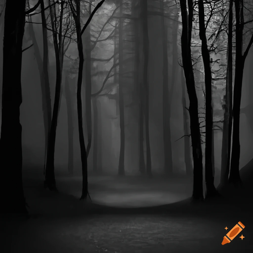 black and white photo of a dark forest