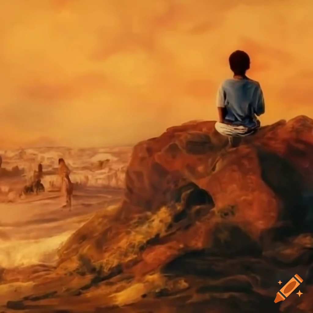 artwork of a man praying on a rock in the desert
