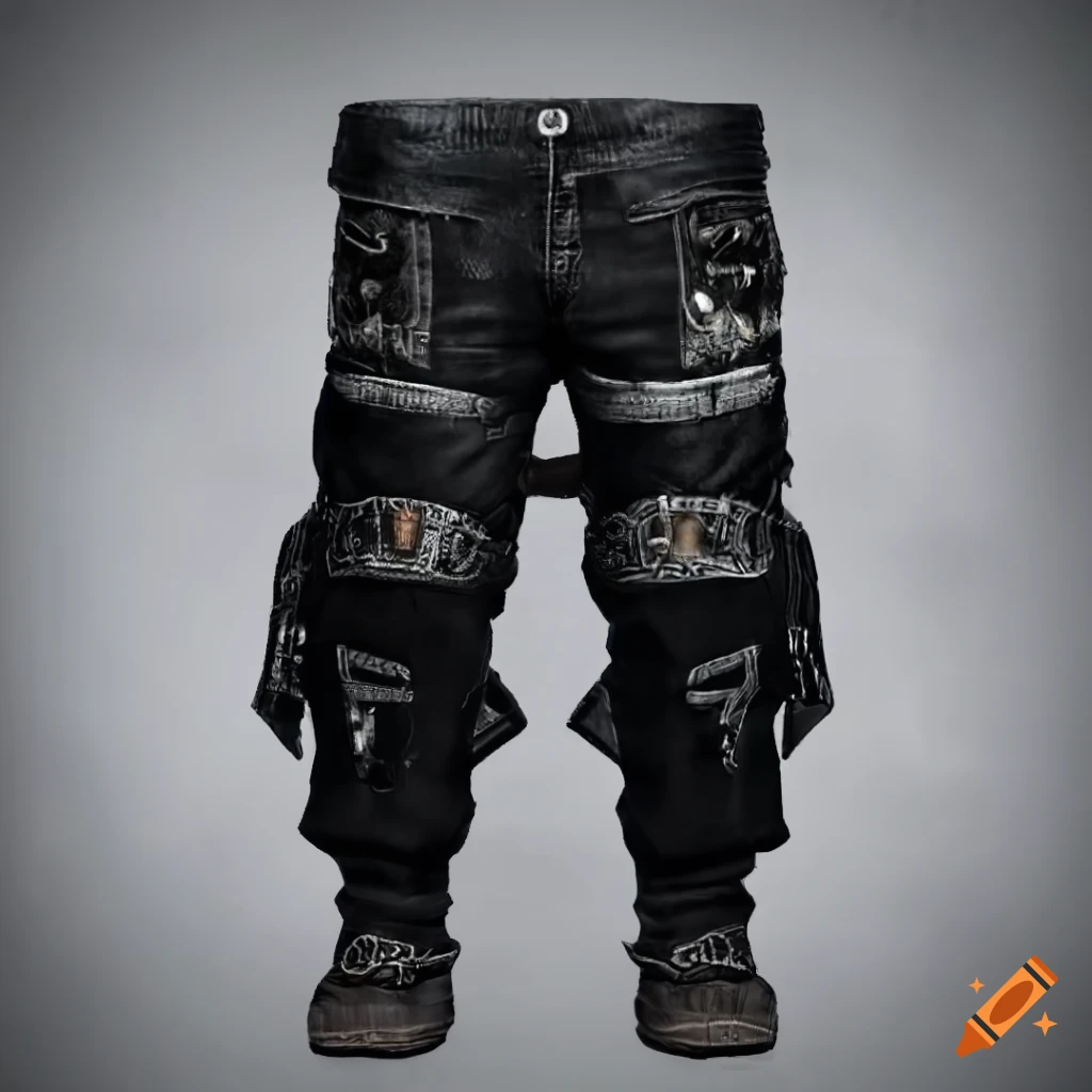 Punk-style black pants with patches for rpg game on Craiyon