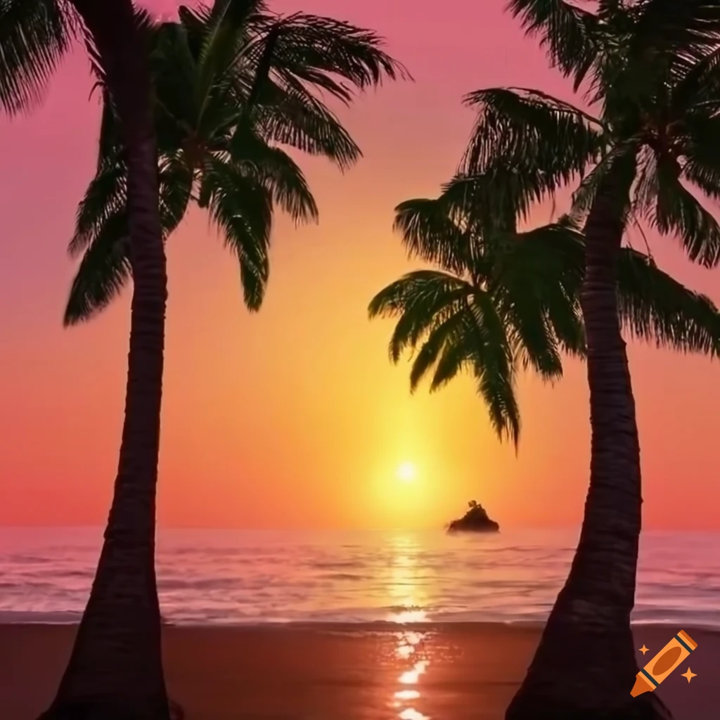 sunset at a tropical beach with palm trees