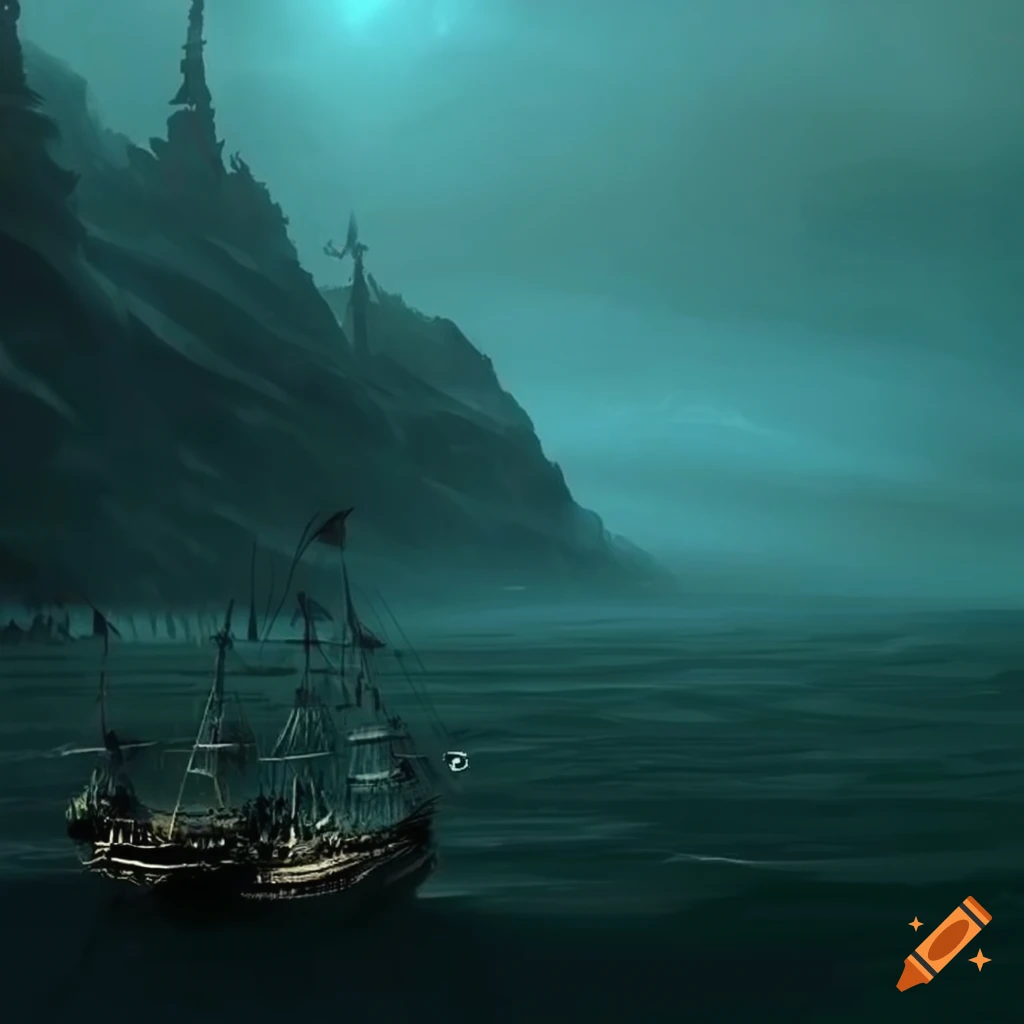 dark fantasy landscape with ships on the coast