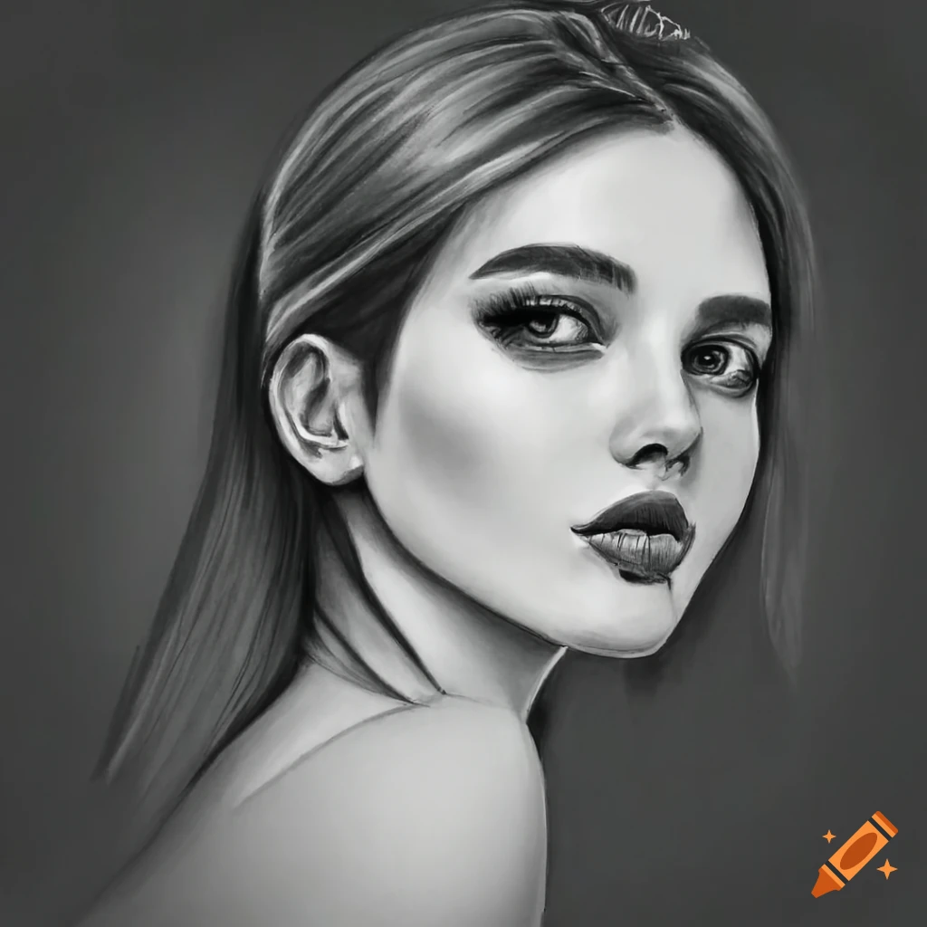 Monochromatic pencil sketch of a beautiful woman