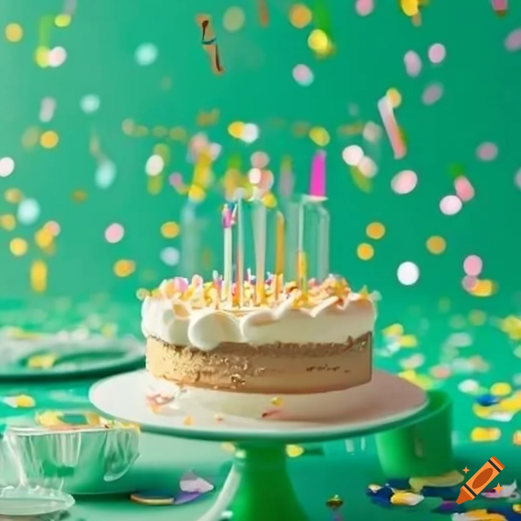 Festive birthday party table with confetti and cake on Craiyon